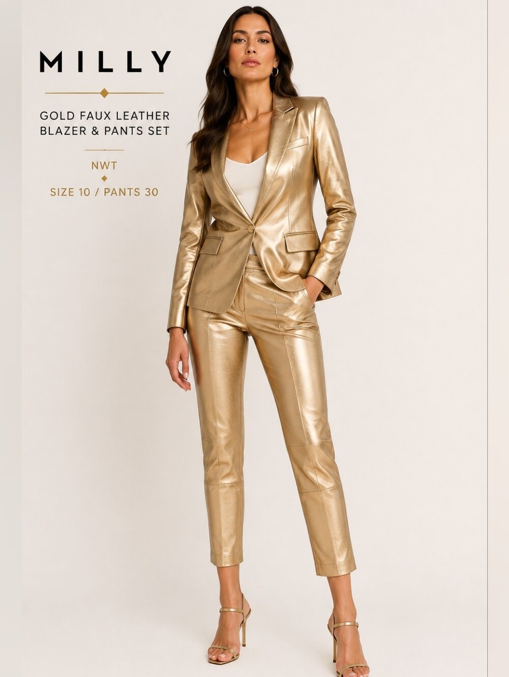 MILLY Metallic Gold Vegan Leather Blazer & Pants Set – NWT SZ 10/30